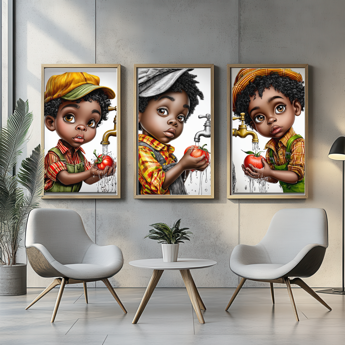 Whimsical Afrocentric Nursery Wall Art | Little Black Boys Farm-to-Table Prints | Digital Download for Kitchen, Playroom & Classroom