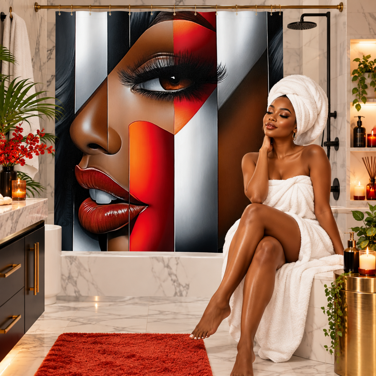 Black Woman Bathroom Wall Art Shower Curtain | “I’m Looking at You” Afrocentric Queen | Red & Silver Abstract Chic Bathroom Decor