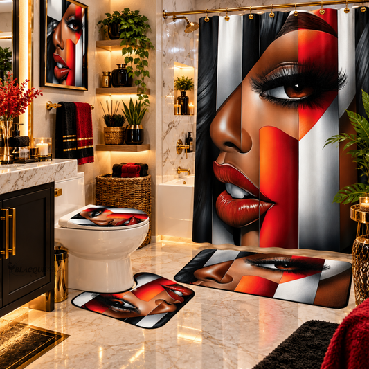 Black Woman Bathroom Wall Art Set | “I’m Looking at You” Afrocentric Queen | Chic Red Black Abstract Shower Curtain + Rug Decor
