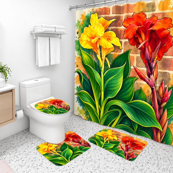 Lily Garden 4-Piece Bathroom Set | Floral Shower Curtain, Bath Rugs & Toilet Seat Cover