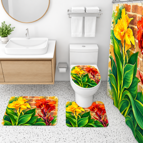 Lily Garden 4-Piece Bathroom Set | Floral Shower Curtain, Bath Rugs & Toilet Seat Cover