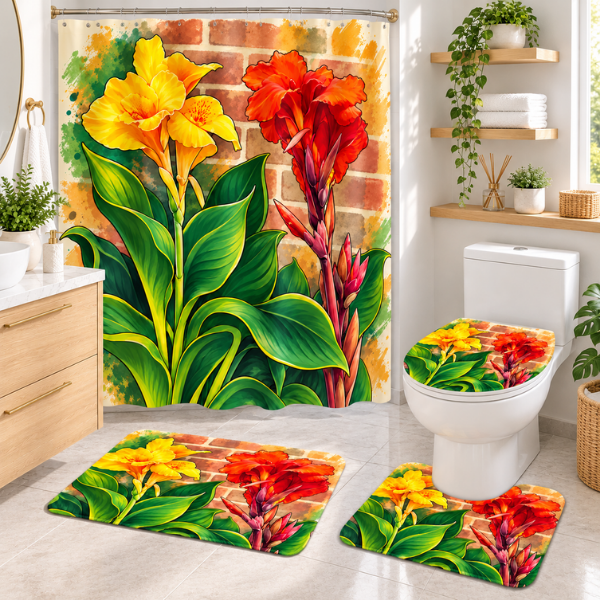 Lily Garden 4-Piece Bathroom Set | Floral Shower Curtain, Bath Rugs & Toilet Seat Cover
