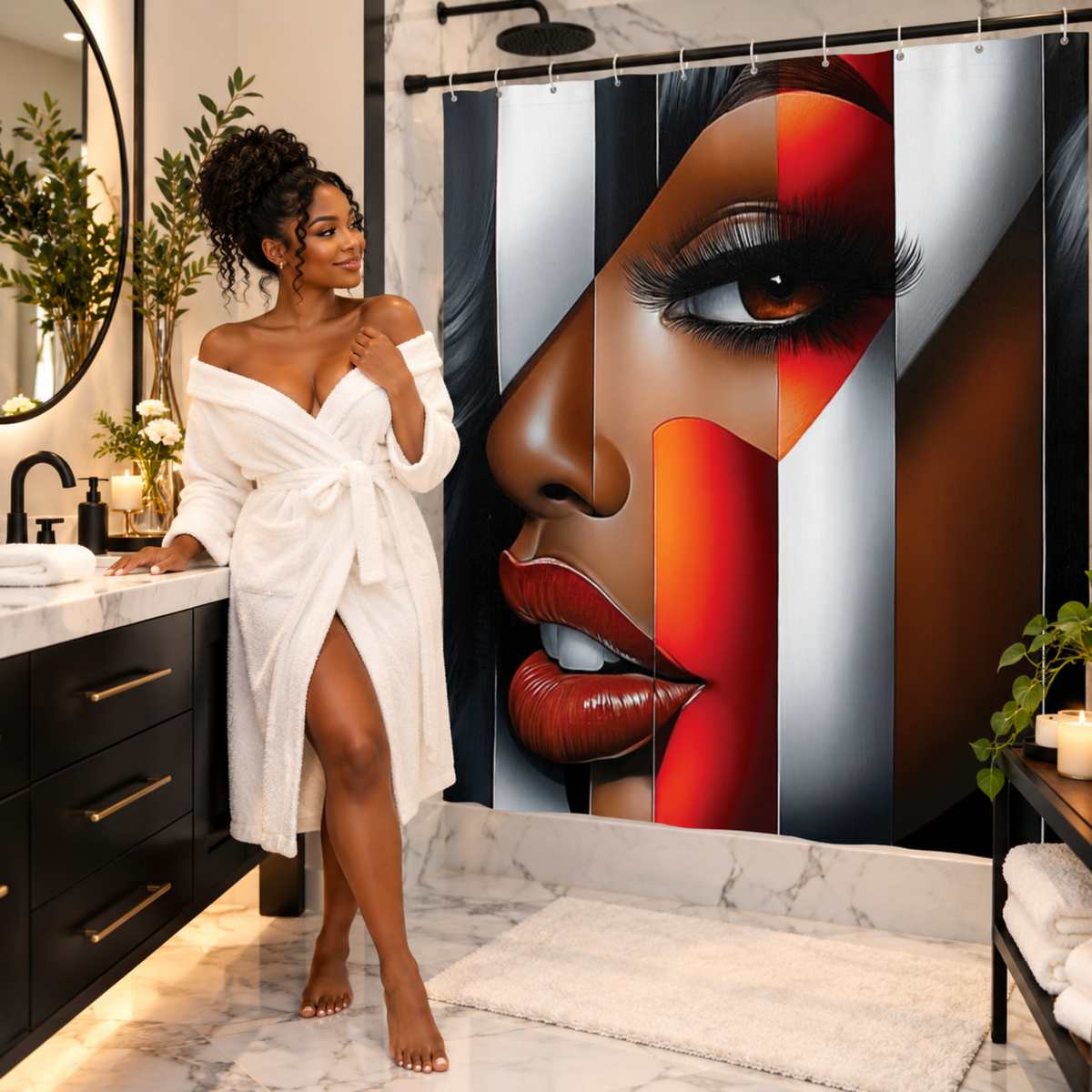 Black Woman Bathroom Wall Art Shower Curtain | “I’m Looking at You” Afrocentric Queen | Red & Silver Abstract Chic Bathroom Decor