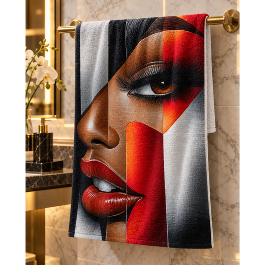 Black Woman Bathroom Wall Art Towel | “I’m Looking at You” Afrocentric Queen | Chic Red Silver Abstract Bath Towel