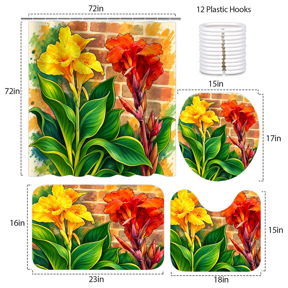 Lily Garden 4-Piece Bathroom Set | Floral Shower Curtain, Bath Rugs & Toilet Seat Cover