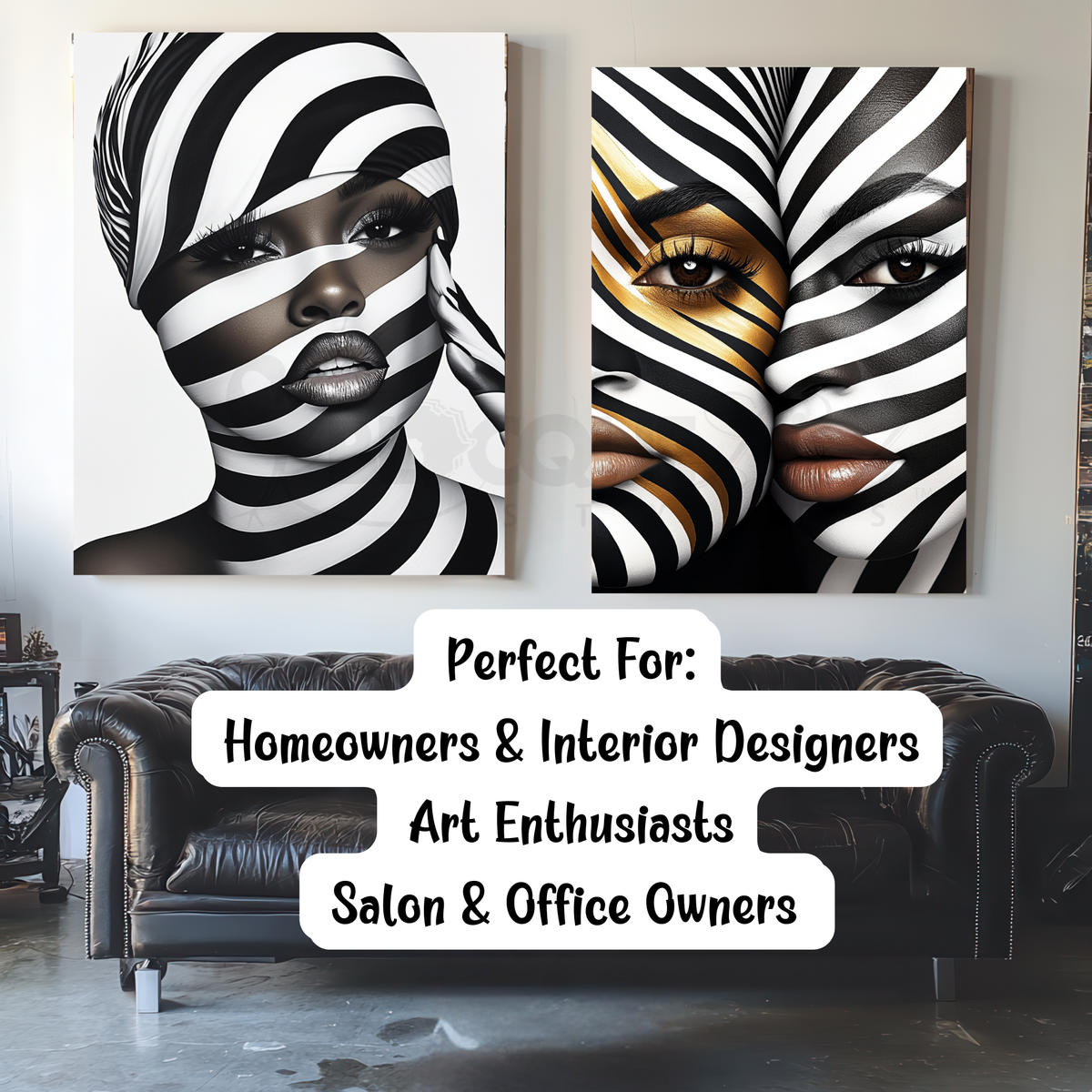 This digital artwork, titled Strength in Black & White Stripe, features a bold and abstract portrait of an African American woman. Her face is elegantly defined by high-contrast black and white tones, with striking gold accents adding depth and sophistication. The artwork is a fusion of modern and Afrocentric styles, using expressive lines and abstract patterns to symbolize strength, resilience, and cultural pride. The composition is powerful, making a statement about beauty, identity, and encouragement.