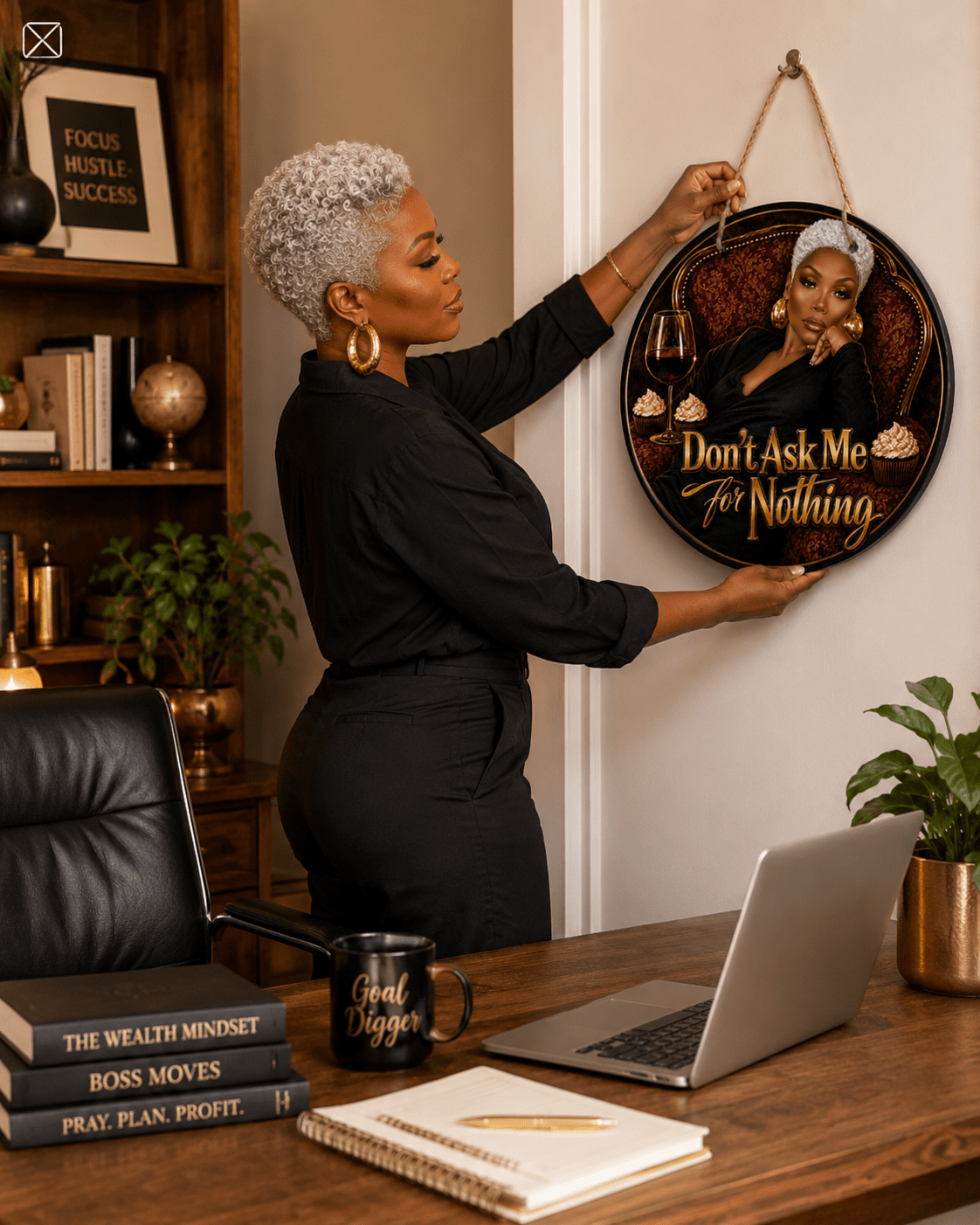 Don’t Ask Me For Nothing Luxe Lounge Round Wooden Door Sign | Black Woman Self-Care Decor