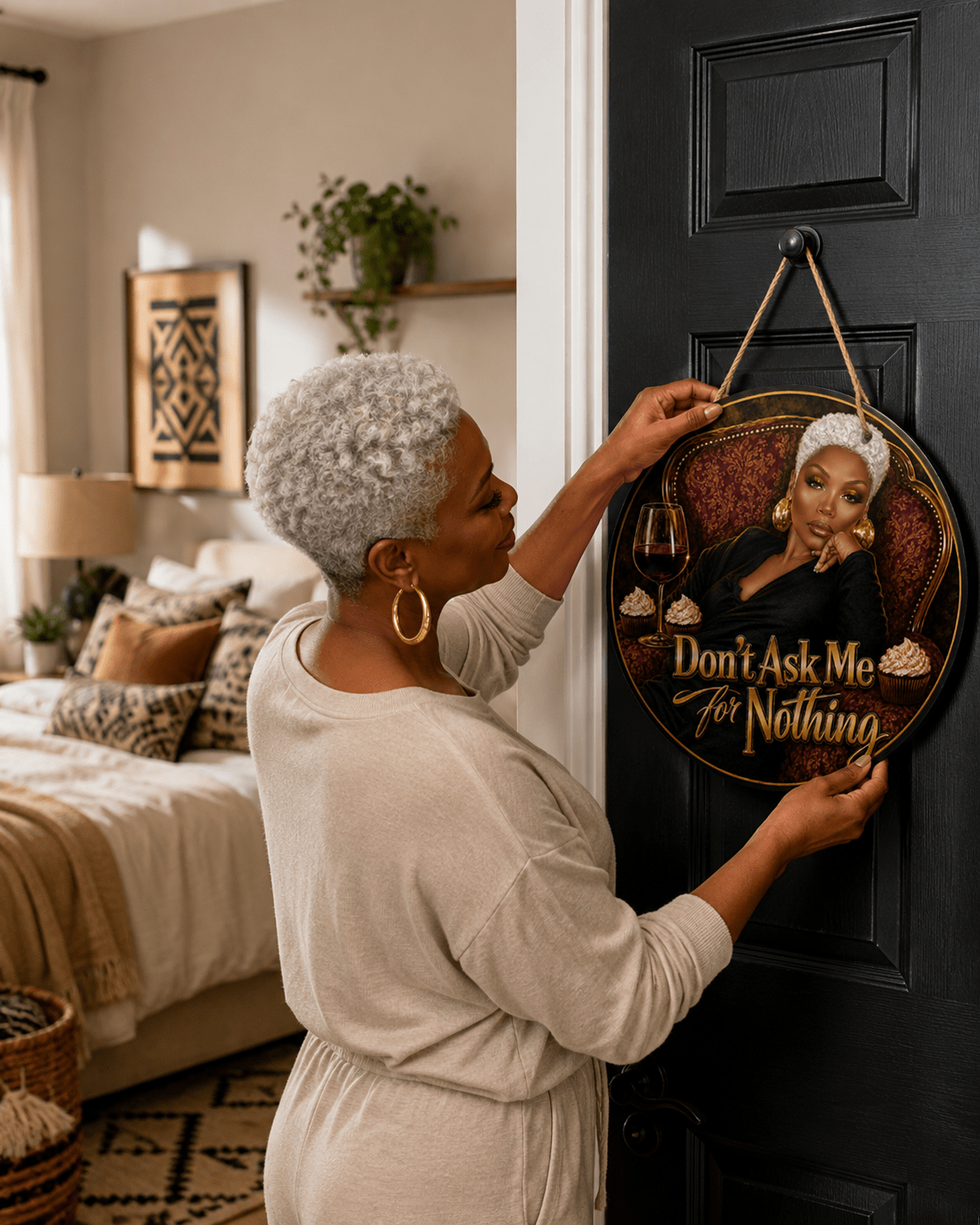 Don’t Ask Me For Nothing Luxe Lounge Round Wooden Door Sign | Black Woman Self-Care Decor